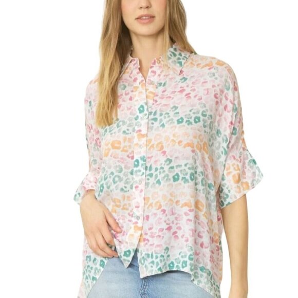 Entro NWOT Spotted Multi Button Top Colorful Leopard Print Oversized Lagonlook S - Picture 1 of 10